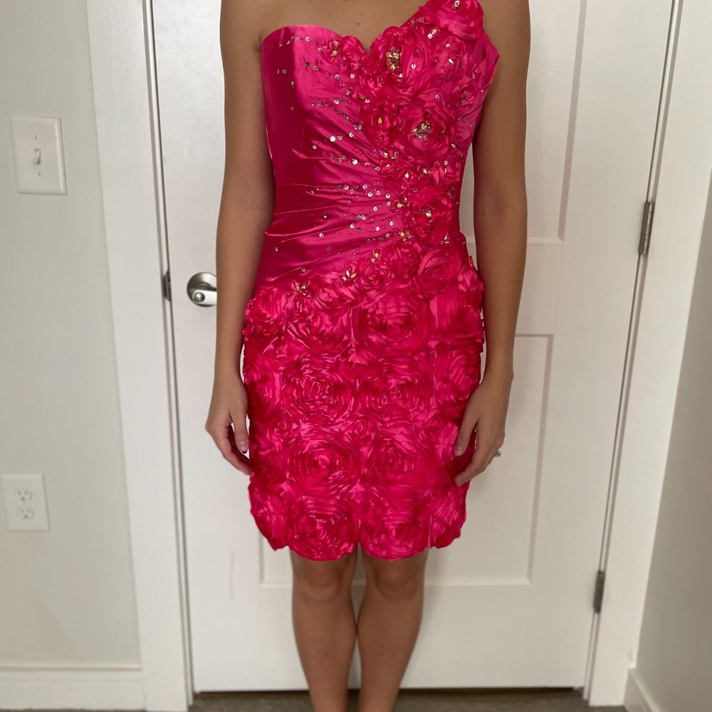 One-Shoulder Tony Bowls Cocktail Dress with Flowers - Hot Pink, Size 2